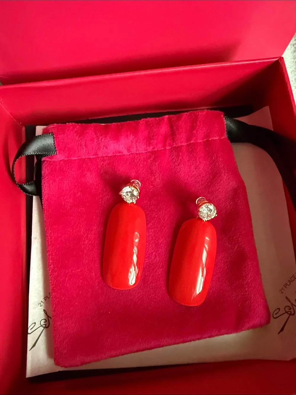 Schiaparelli Red Oval Drop Earrings with Crystal Detail - Picture 2 of 4